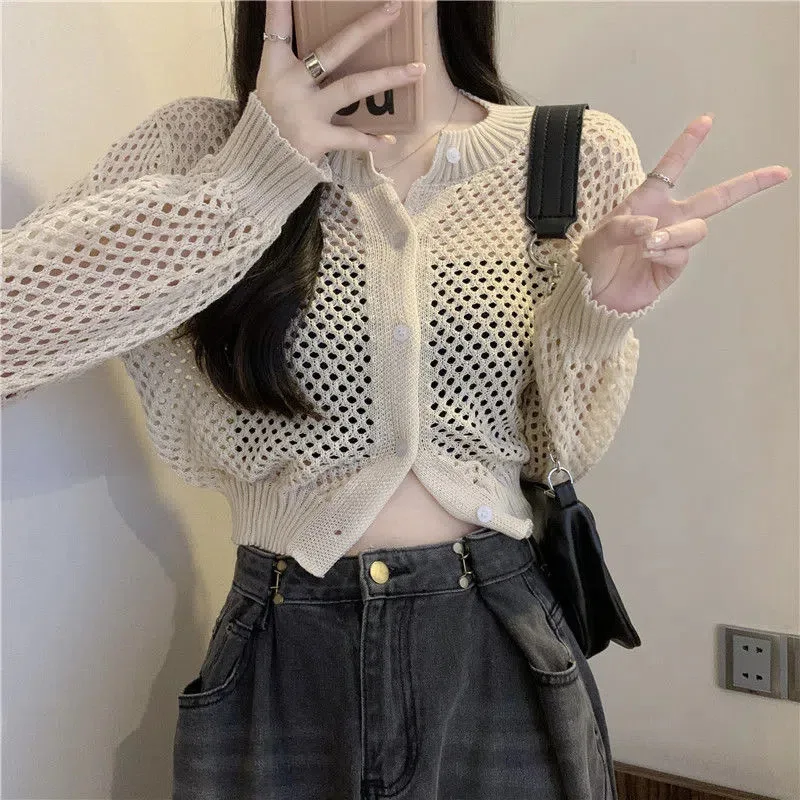 

DressHollow Out Thin Long Sleeve Cover With Sun Protection, Green Knitted Cardigan Coat, Short Top, Summer Fashion, New,