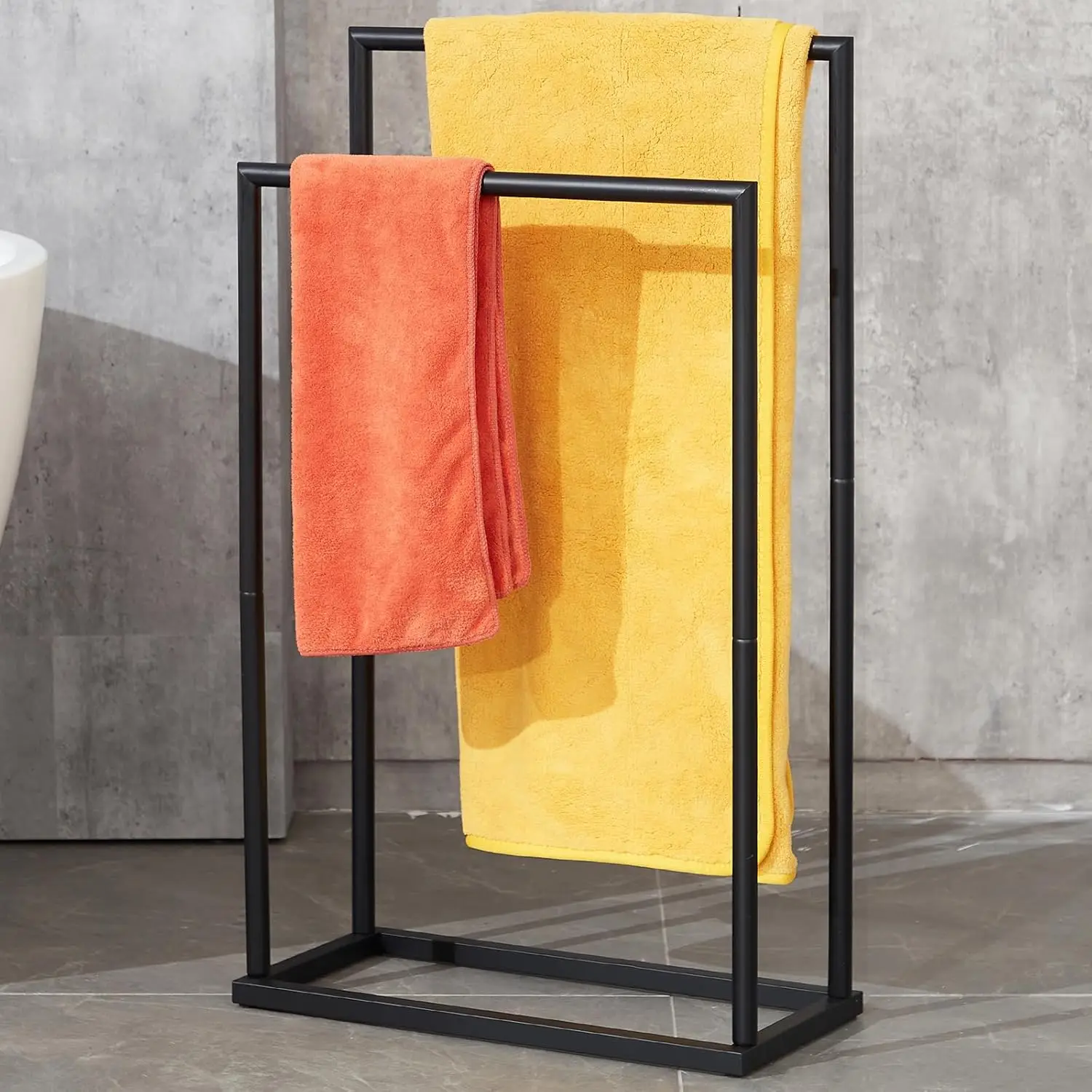 

2-Tier Standing Towel Rack with Storage Shelves, Modern Bathroom & Outdoor Drying Rack for Poolside, Black Blanket Holder
