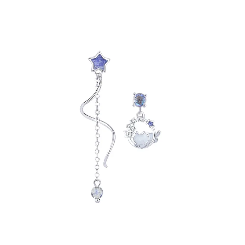

S925 Sterling Silver Shining Zircon Cute Purple Starry Sky Cat Asymmetric Earrings Women's Birthday Anniversary Jewelry Gift