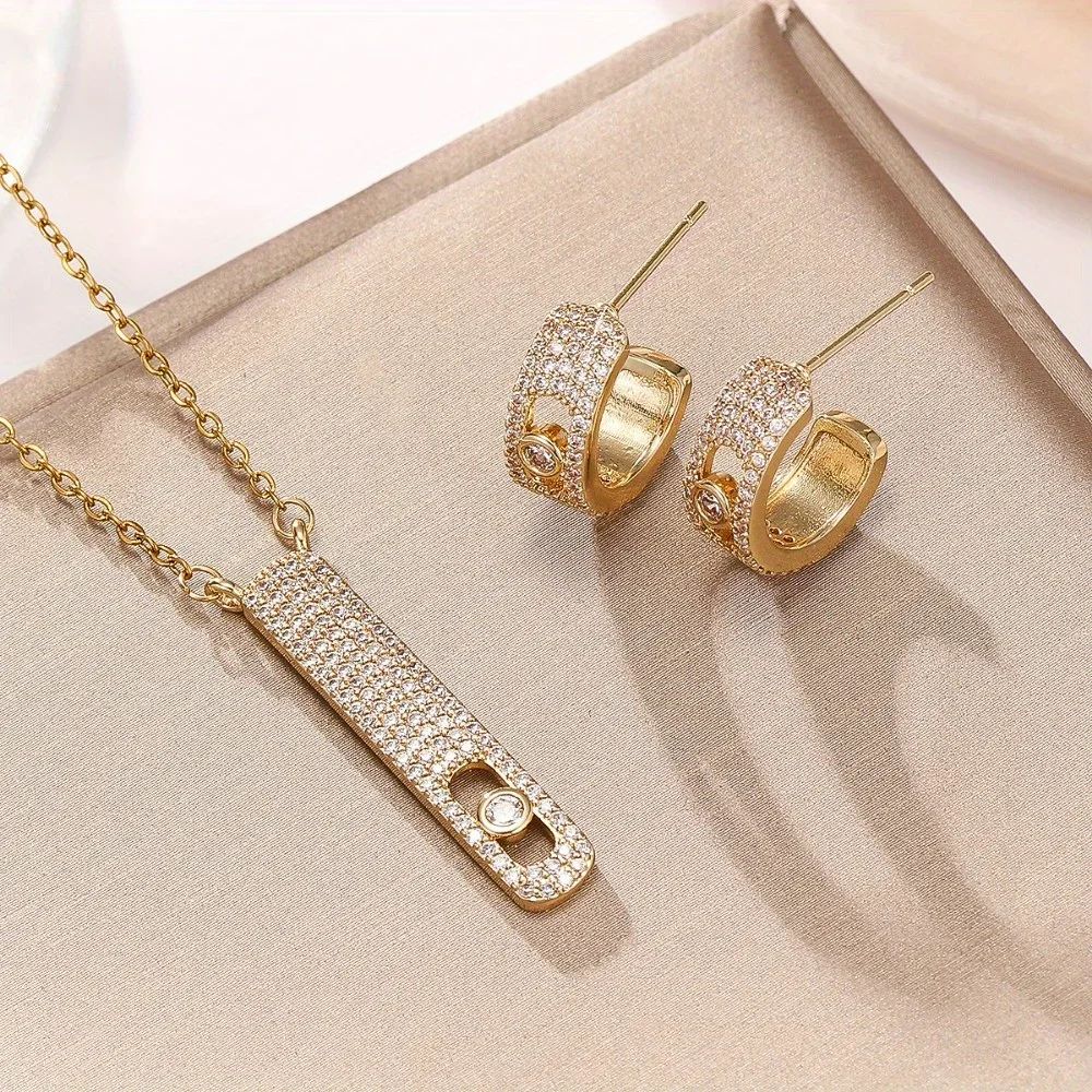 

New Single Diamond Sliding Necklace Personalized Long Vertical Smart Full Diamond Pendant Necklace Earrings Two-piece Set