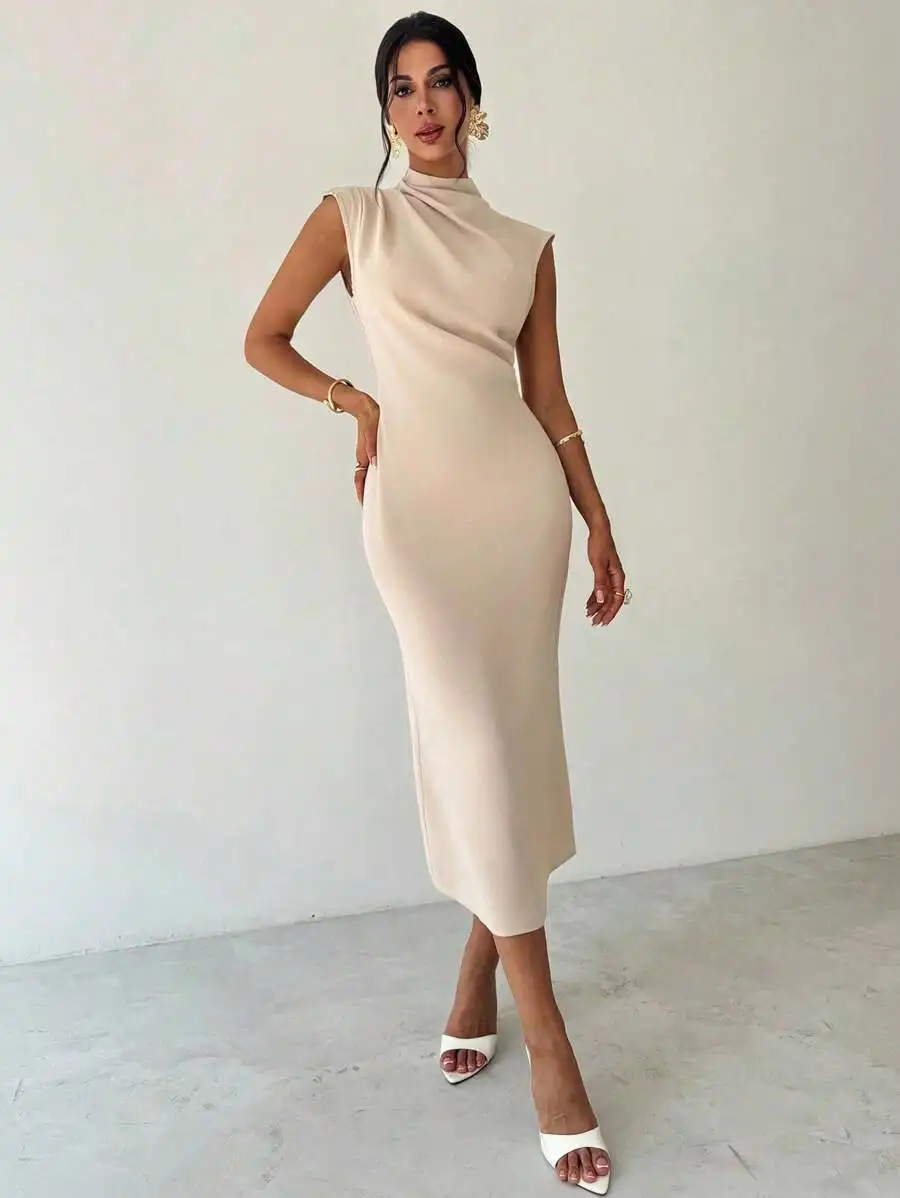 

Apricot Midi Dress With High Neck, Sleeveless Drape Detail, And Fitted Waist For Summer Casual, Office, Or Vacation Wear