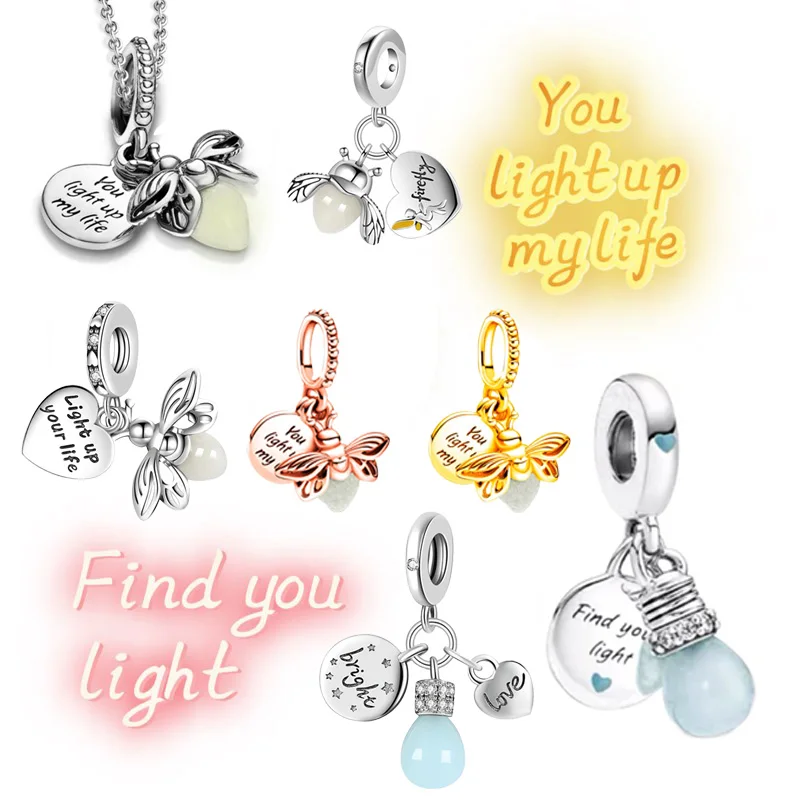 

Hot Sale DIY Making Glow-in-the-dark Firefly & Lightbulb Double Dangle Charm Bead Fit Original Silver 925 Bracelet Women Jewelry