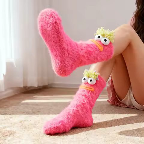 Fashion Plush Monster Medium Socks Funny Big Eyes Cartoon Warm Socks Women's Personalized Socks