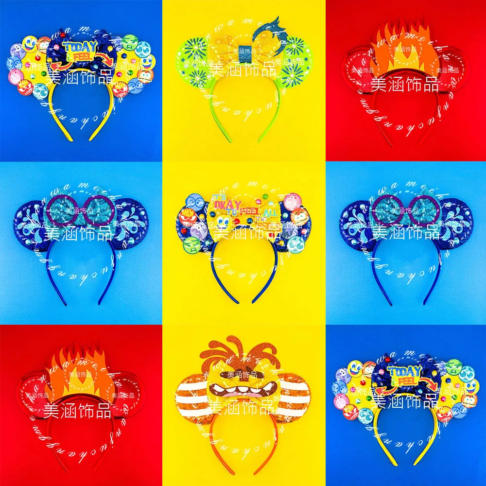 

Disney Inside Out Themed Headband with Cute Mickey Ears Cartoon Amusement Park Decorative Hair Accessories Party Ornaments Gifts