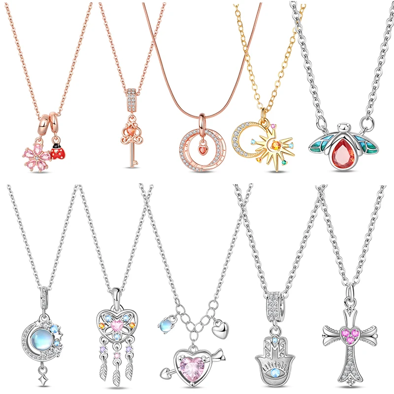 Nuevos collares de plata de ley 925, atrapasueños dorado, sol, luna, colgante de circón, collar apto para mujer, joyería de moda, regalo