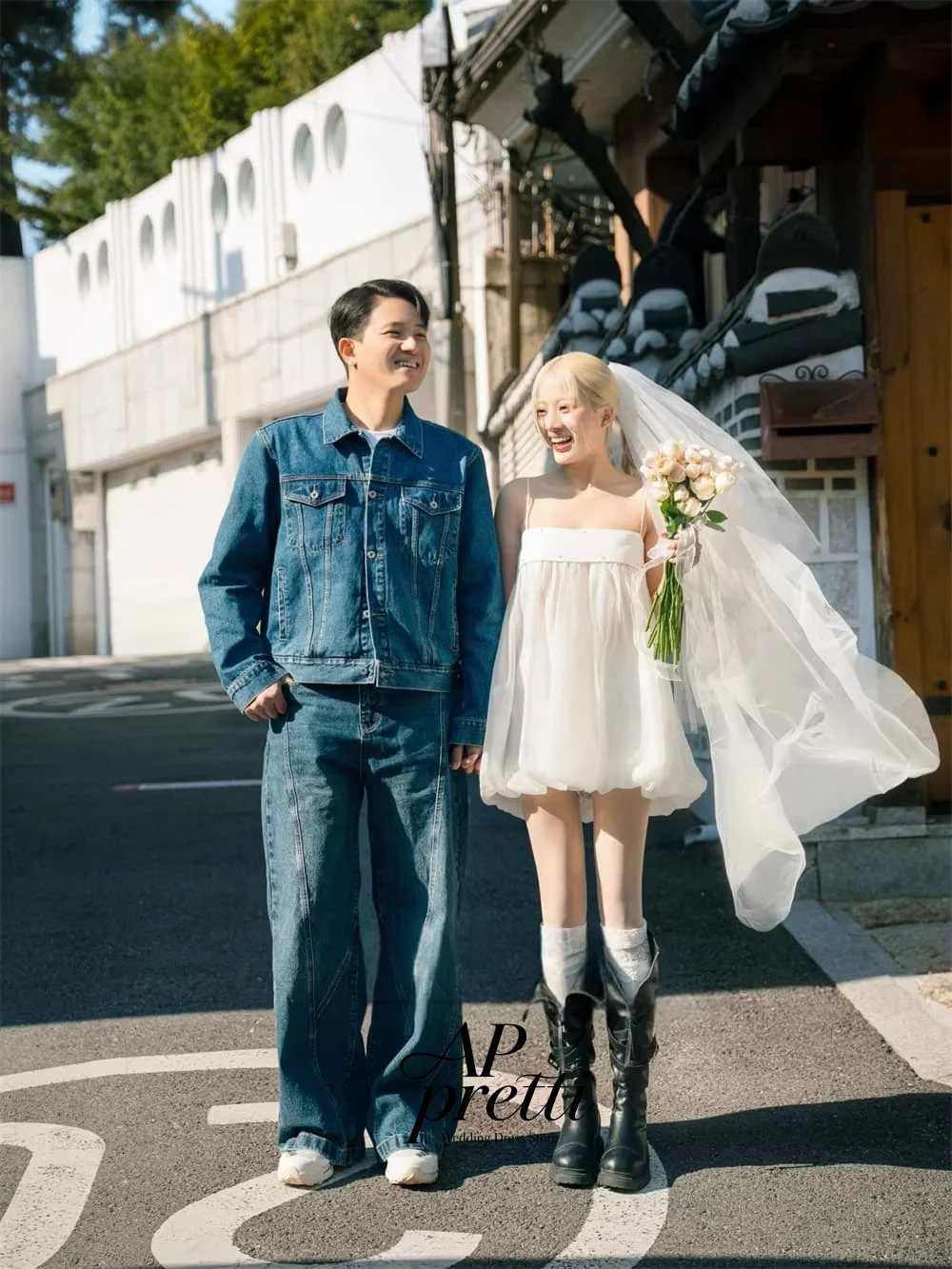 AP Pretti Fantasy Tulle Korea Wedding Dress Photo Shoot A-line Strapless Customized Sleeveless Mini-Length Bridal Gown 웨딩드레스