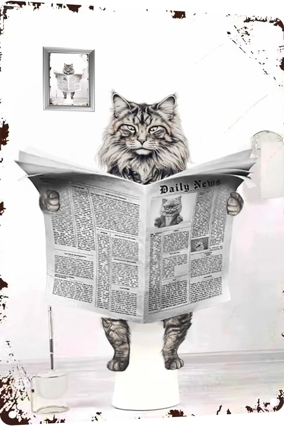 Metal Tin Sign Vintage Cat Toilet Reading Newspaper Humour Funny Animal Whimsy Animal for Home, Bathroom and Toilet Wall Decor