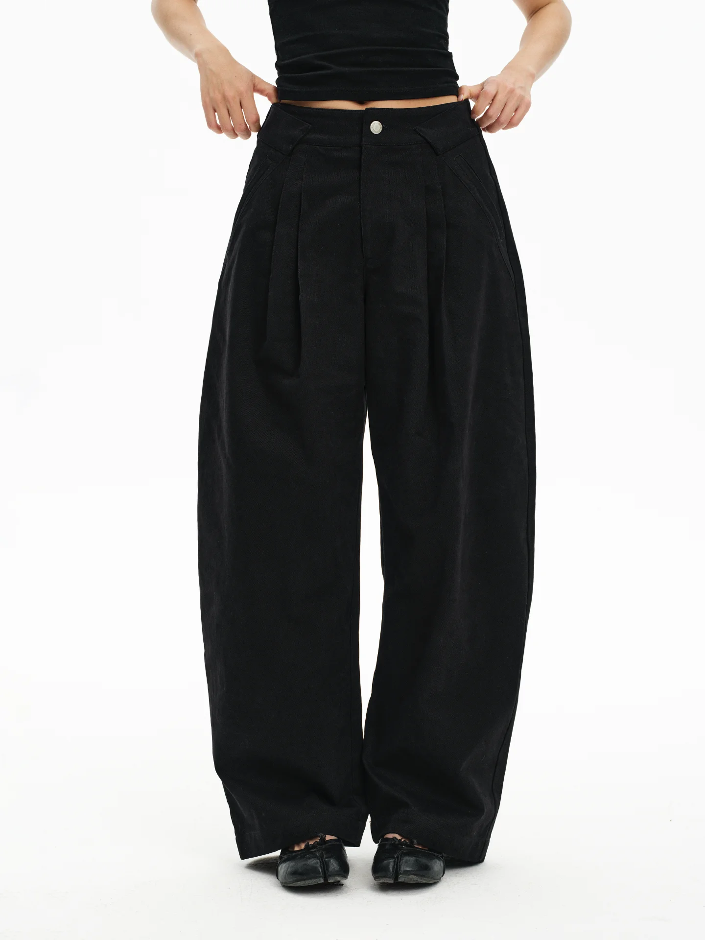 

Classic Bla Casual Suit Pants Double Waist Design Sensation mat round Arc Knife Leisure Wide Leg Cotton Pants