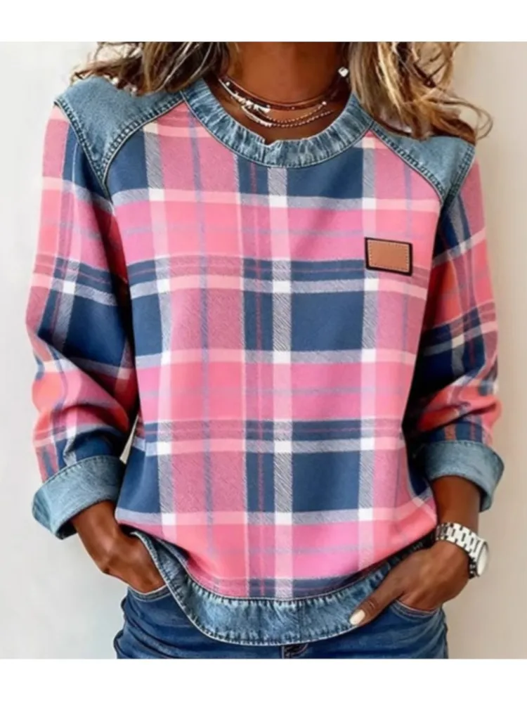 Frühling Herbst Karierten Druck Lose Hoodie Frau Mode Oansatz Farbe Passenden Sweatshirt Damen Büro Vielseitig Pullover