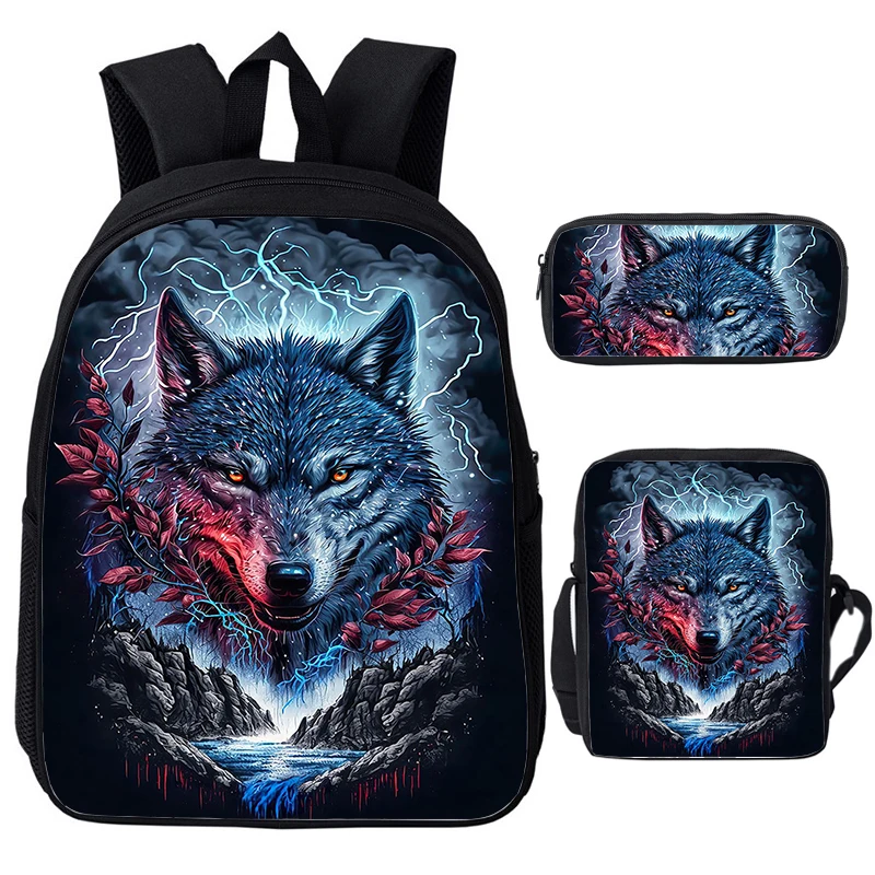 Mochila con estampado 3D de lobo aullante para niños, bolso de hombro, estuche para lápices, bolsas de libros para niños, mochila escolar para niños y niñas, 3 piezas por juego