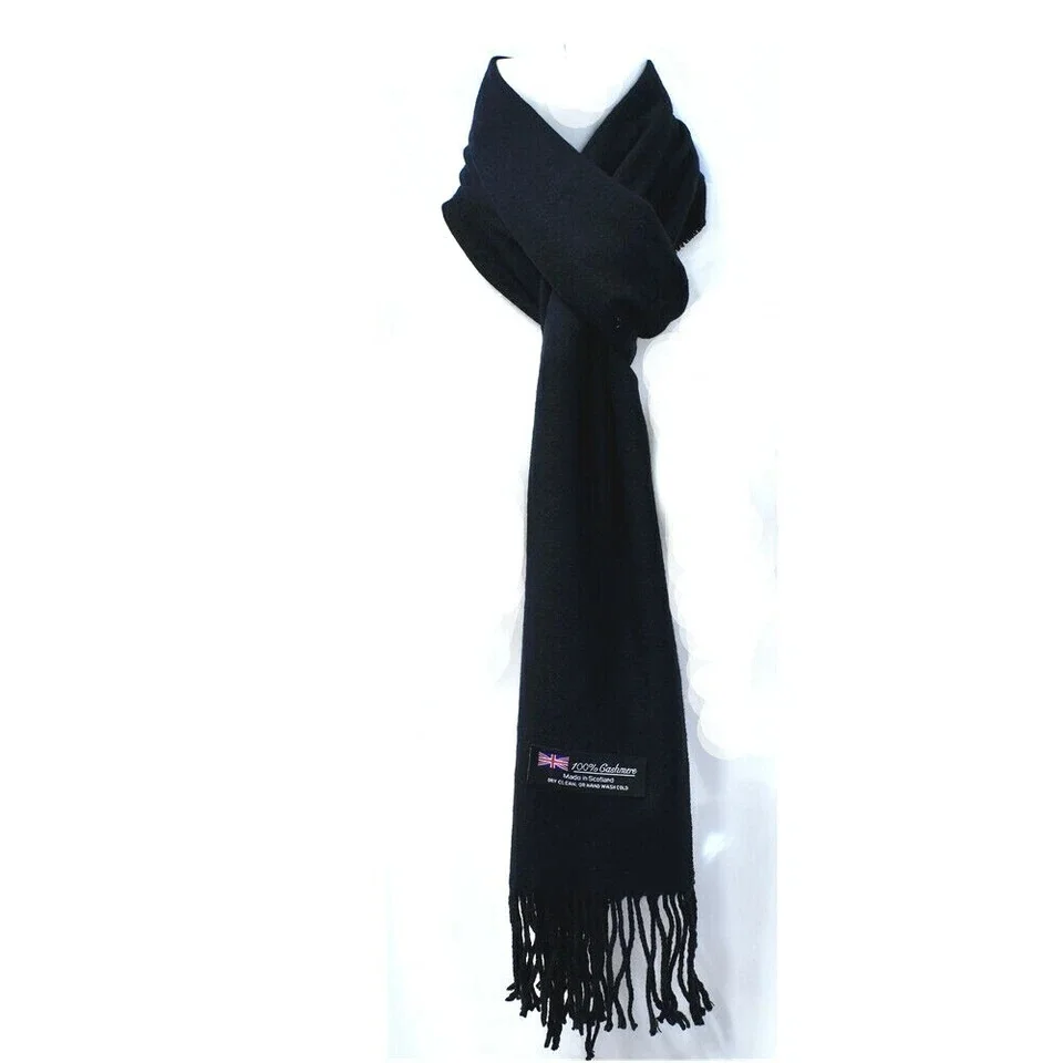 Winter Unisex Plain Solid Scarves 100% Cashmere Wool Warm Scarf Made in Scotland Black