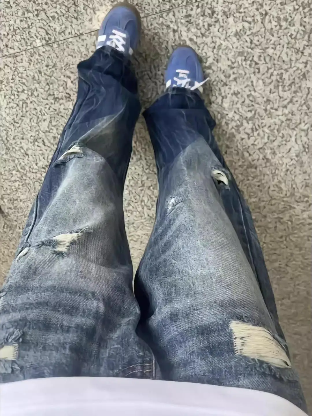 

New Men's Lightning Pattern Ripped Denim Jeans Loose Straight Leg Vibe Sle Water Waed mid Waist Vintage Feeling Jeans