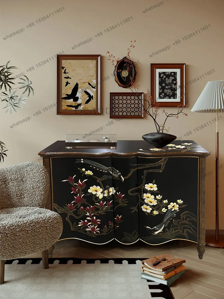 

French retro solid wood dining side cabinet against the wall medieval living room storage tea cabinet