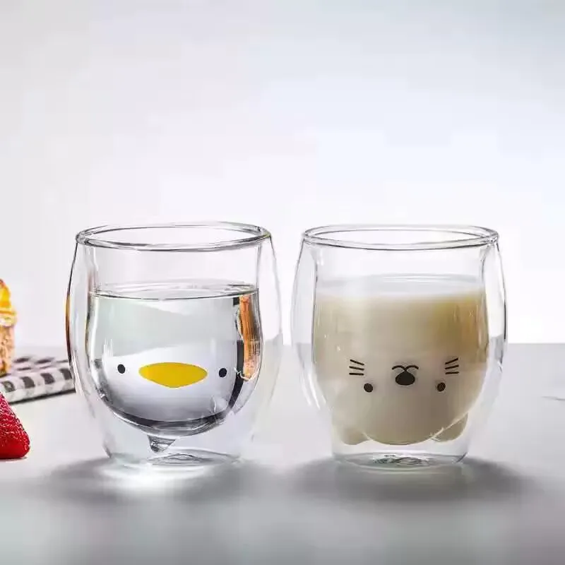 250ml Creative Cute Bear Double-layer Coffee Mug Double Glass Animal Milk Lady Cute Cat Duck Dog Christmas Gift Bar kit