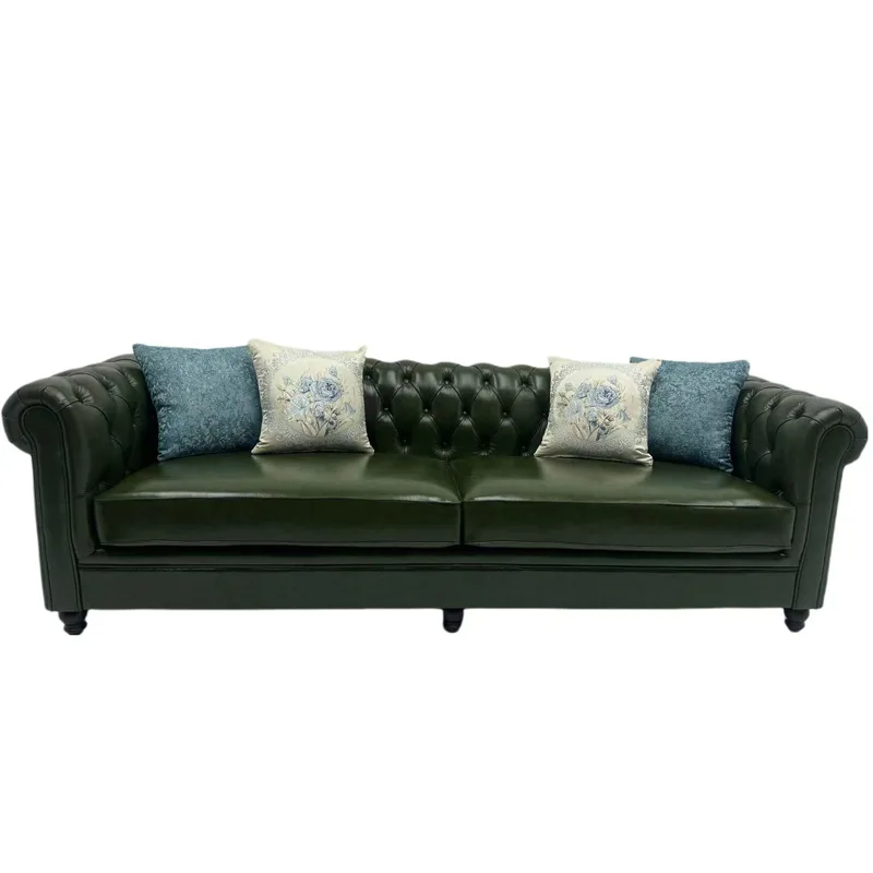 American retro solid wood leather buckle sofa