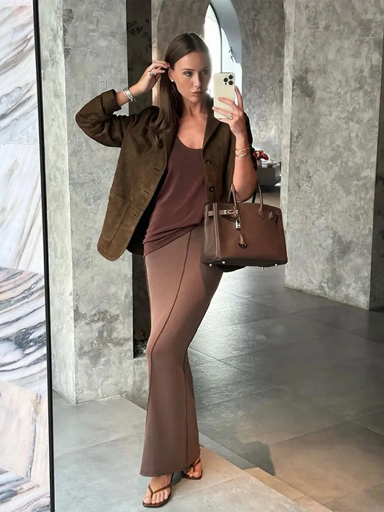 Fashion Brown Lapel With Pocket Jacket Woman Single Breasted Long Sleeve Blazer Coat 2024 Autumn Lady High Street Outwear