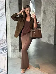 Fashion Brown Lapel With Pocket Jacket Woman Single Breasted Long Sleeve Blazer Coat 2024 Autumn Lady High Street Outwear