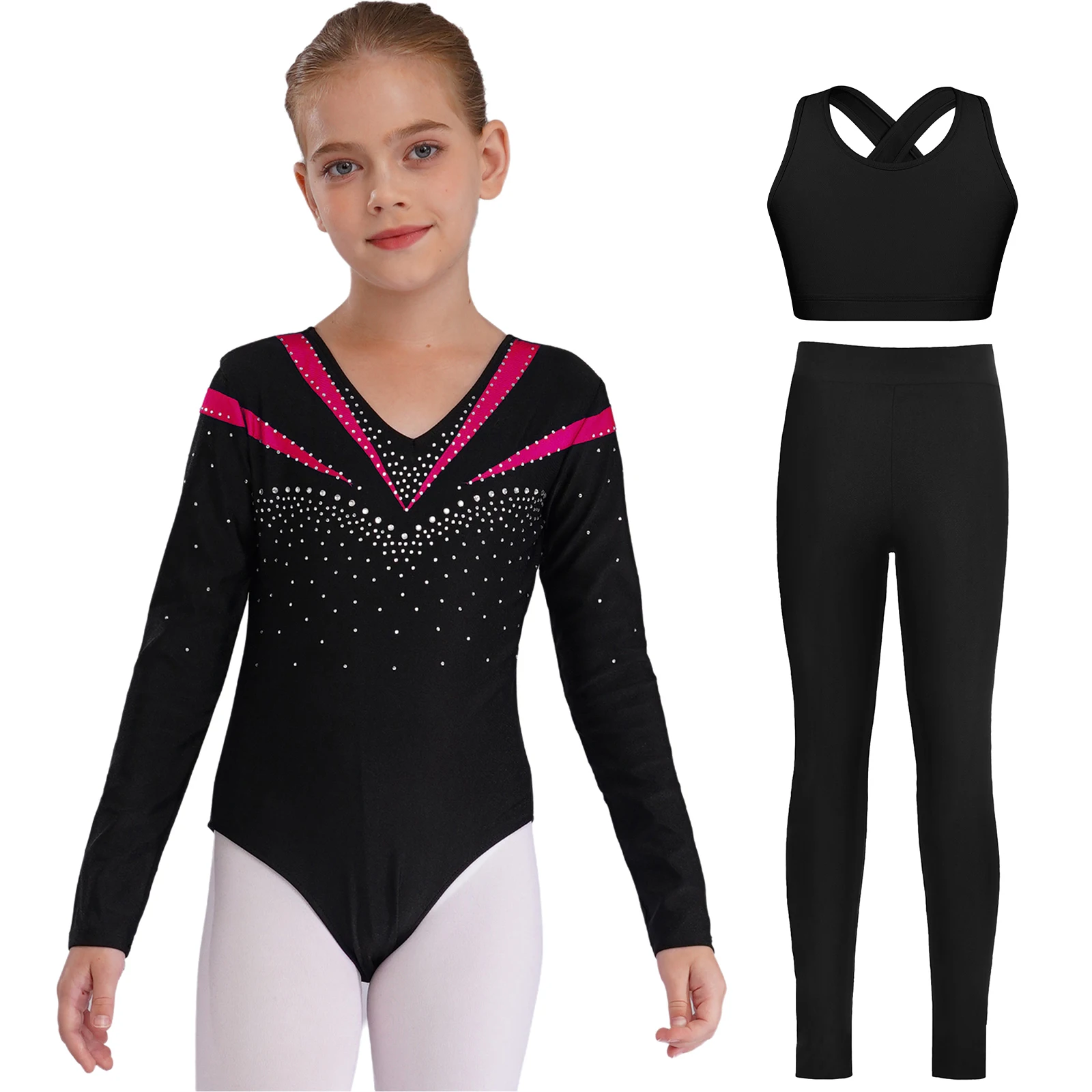 

Детский гимнастический костюм для йоги и танцев для девочек, блестящий купальник со стразами и длинными рукавами, жилеткой и леггинсами для выступлений на коньках