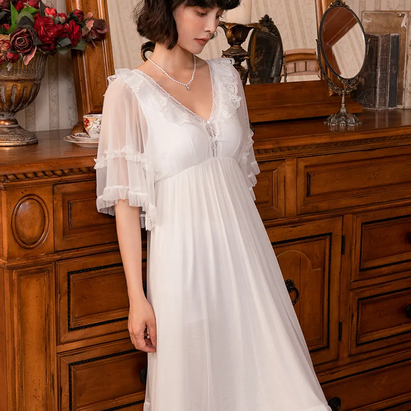 Sweet Mesh Night Dress Women Summer Lace Peignoir Princess Sleepwear Kawaii Nightie Fairy Romantic Vintage Victorian Nightgowns