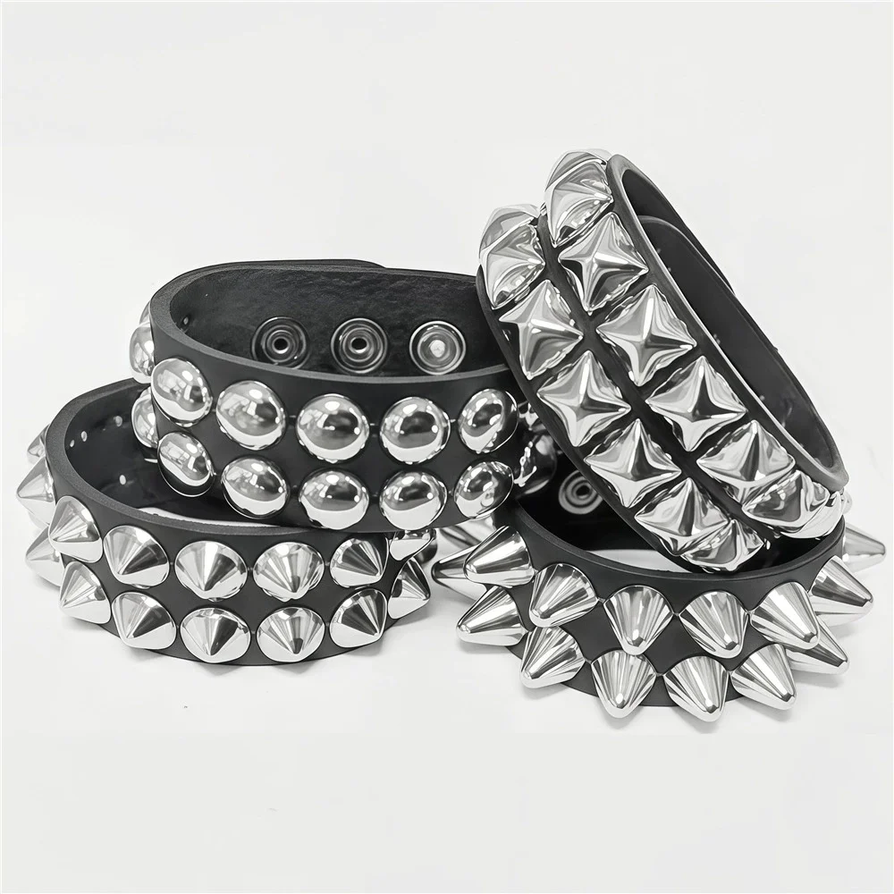 New Square Wide Punk Chunky Rivet Leather Bangle Rock Rows Nails Wristband Adjustable Size Jewelry Bracelets & Bangle