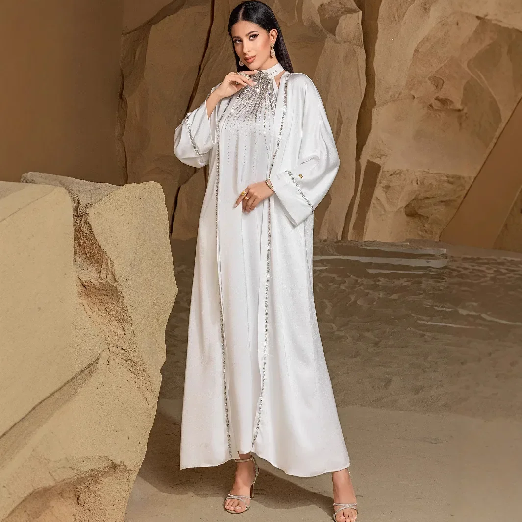 White Two Piece Set Muslim Women Kimono Abaya Dubai Kaftan Arab Robe Fashion Diamond Dress Evening Morocco Caftan Eid Ramadan