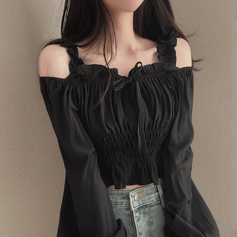 

Ele Spring Long Sve oulder Bared Waist Cinched Chic irt for Women Korean Sle Slim Fit Commute Faion
