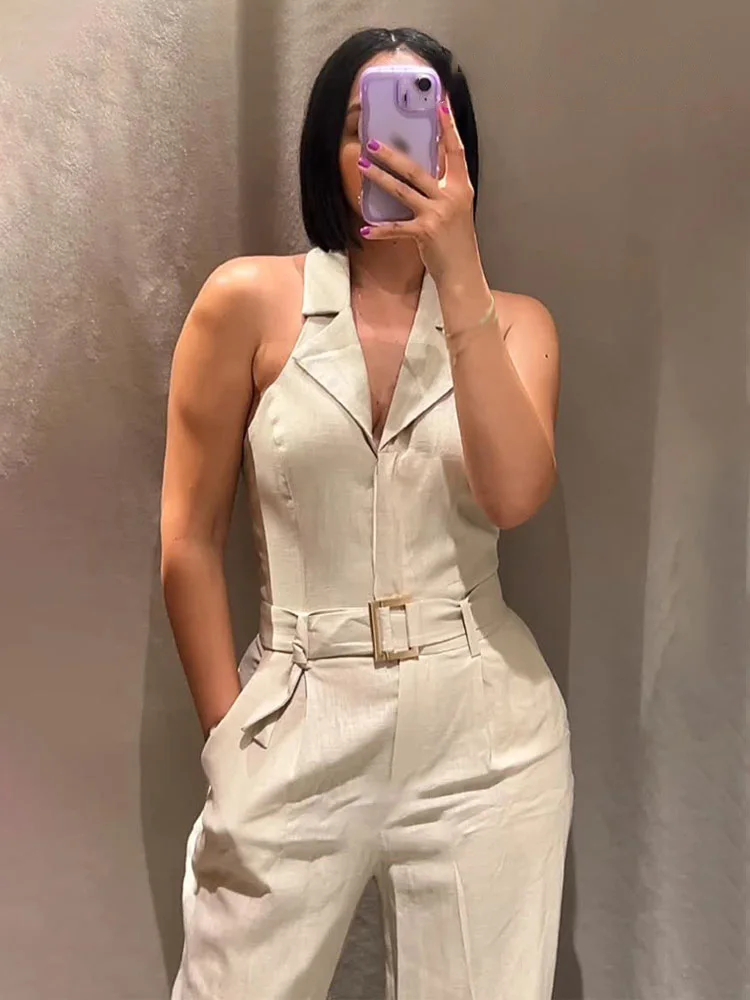 

HH Woman Fashion Jumpsuits Solid Turn-Down Collar Sleeveless Backless Belt Decoration Single-Breasted Female Summer Jumpsuit