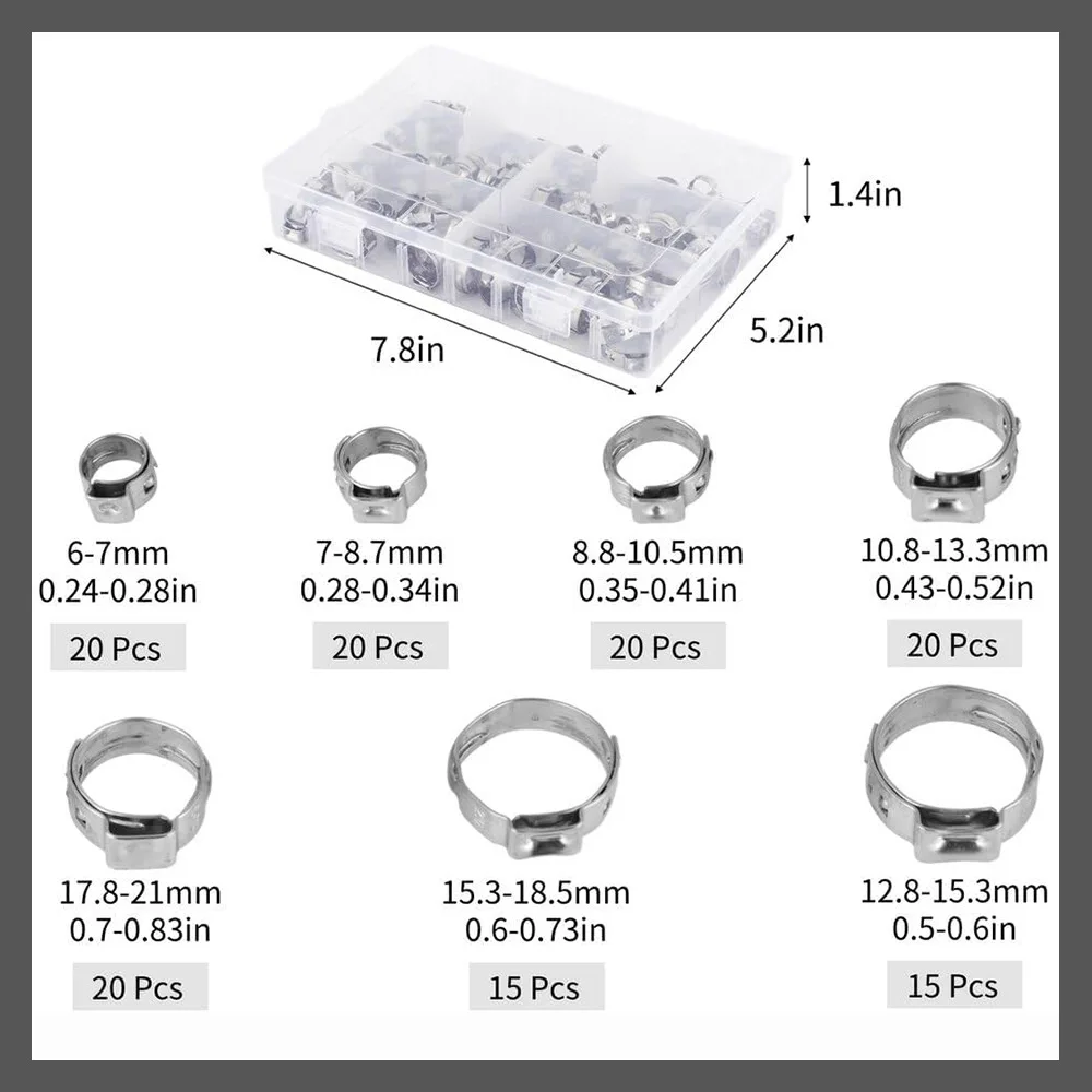 130PCS Stepless Single Ear Hose Clamps Set, 304 Stainless Steel Adjustable Pipe Clips Fuel Tube Fasteners Assortment with Box