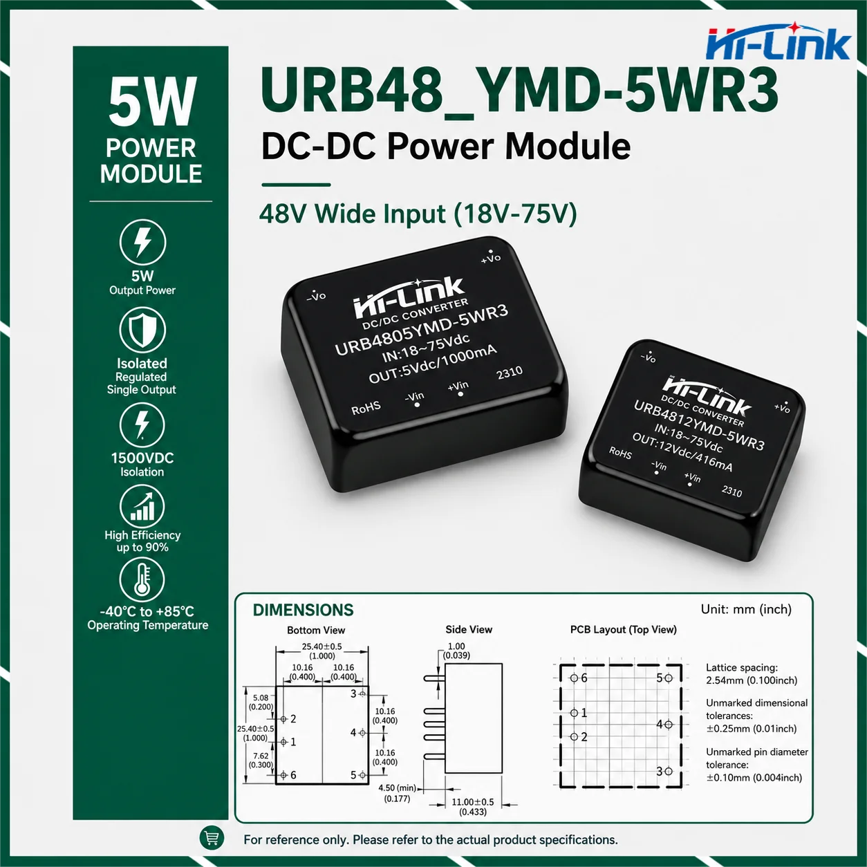 Hi-Link 5W DIP Packaged Convert Block URB4805YMD URB4809YMD 18 To 75V Nominal 48V Input Standard Pin PCB Inline Mount Component