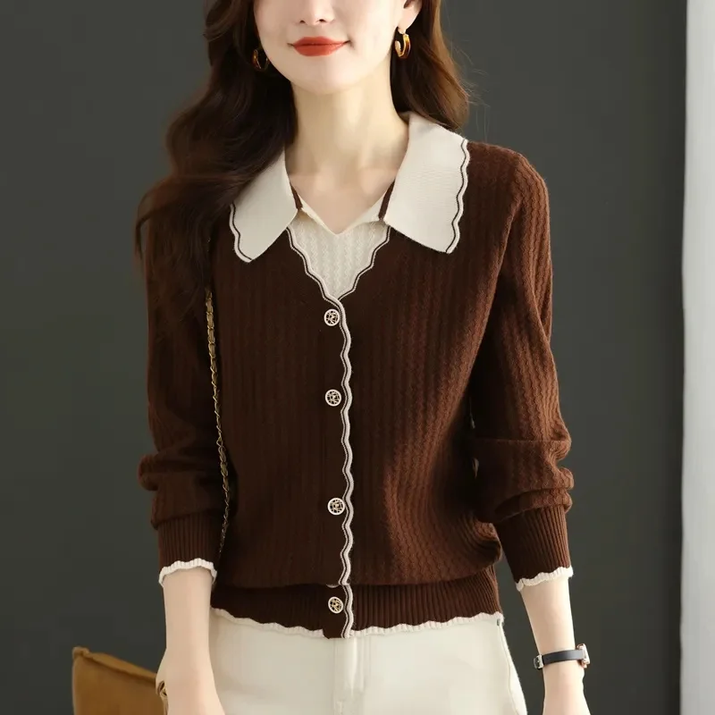 2026New Autumn/Winter Women Sweater Jumper Fashion Lapel Collar Fake Two Pieces Long Sleeve Knitted Sweater Pullover Female Tops