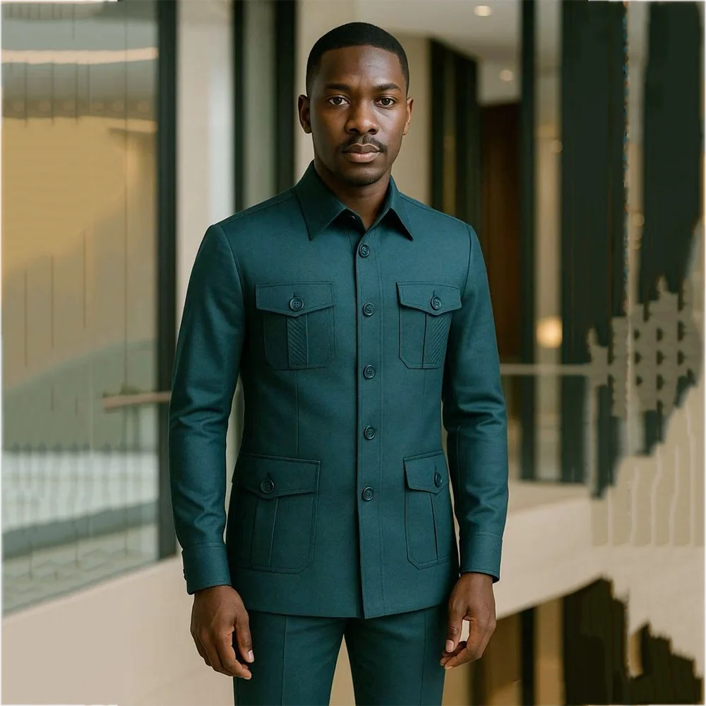 Modern Chic Men's Stand Collar Multi Pockets High Quality Formal Two Pieces Jacket Pants Slim Fit Casual Party Prom Daily Wear