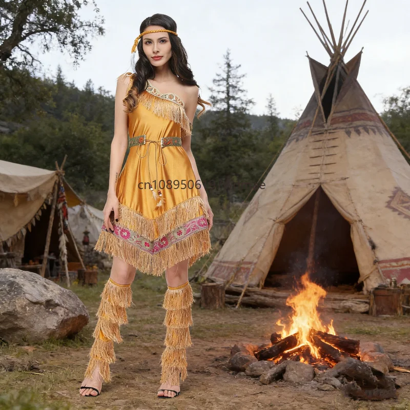

Indian Princess Cosplay Tassel Costume For Women Fancy Dress Forest Primitive Caveman Masquerade Party Stage Performance Outfits