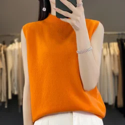 Autumn And Winter 100% Wool Semi High Neck Sleeveless Knitted Wool Sweater Versatile Women's Elegant Underwear Cashmere Sweater