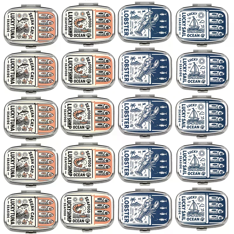 1/2/3/4/5Pcs Retro Sardine Print 2-Grids Metal Jewelry Pill Box Organizer For Adult Travel Mini Medicine Candy First Aid Kit