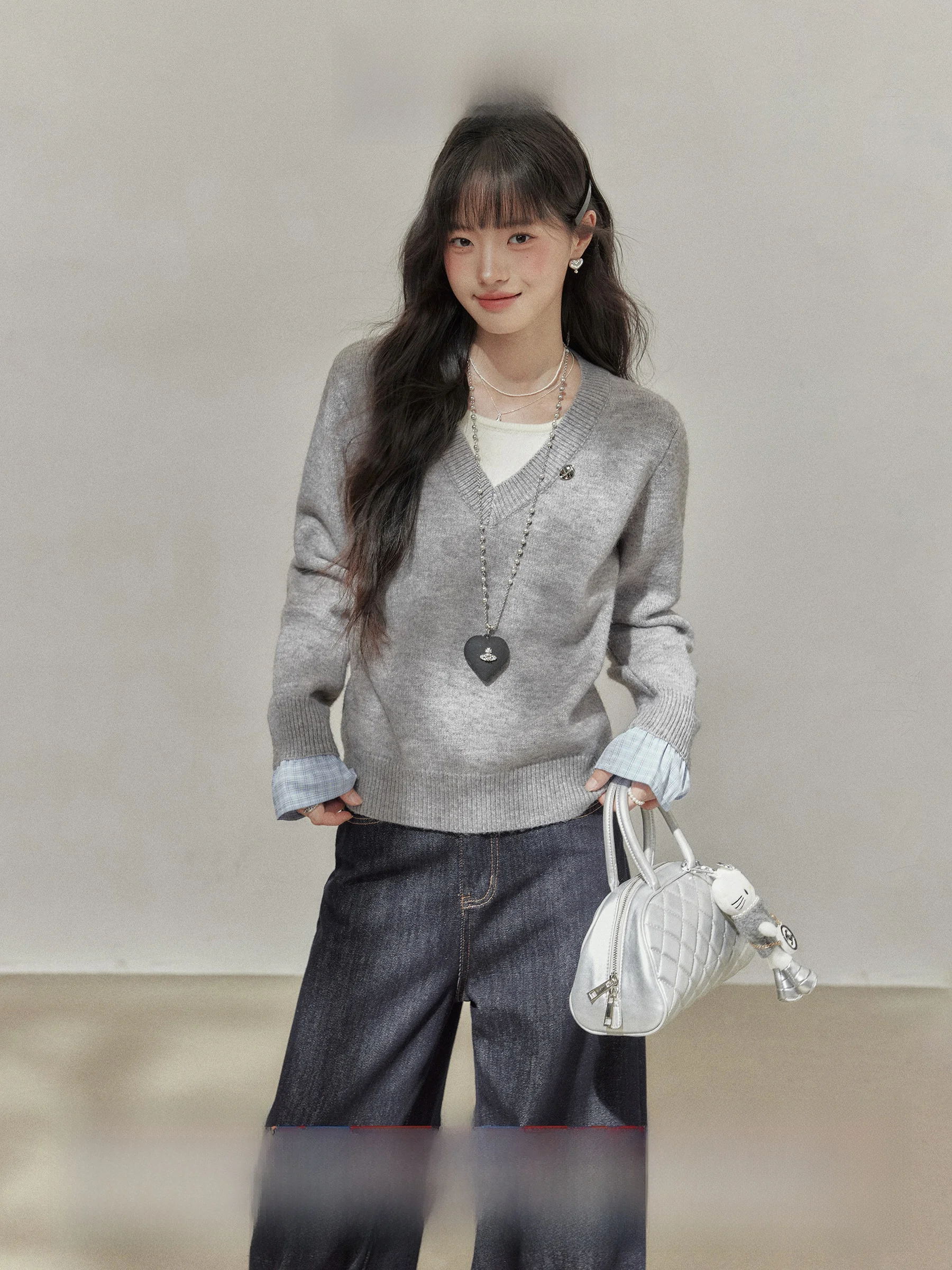 

Женский вязаный свитер с V-образным вырезом, с длинными рукавами, базовый слой, внутренняя одежда, повседневный свободный крой, осенний модный топ