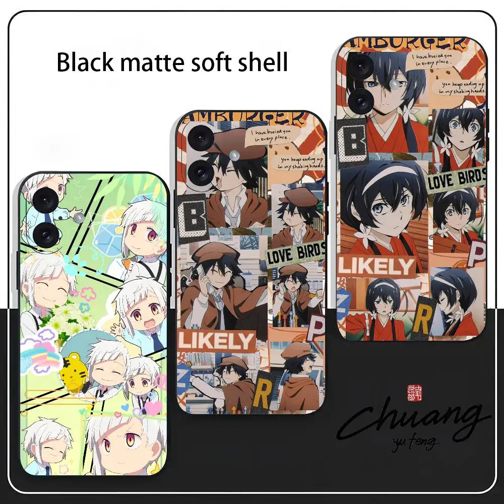 

B-Bungou S-Stray Dogs Phone Case Stylish Black Matte TPU Case For 11-16. Anti-slip And Wear-resistant