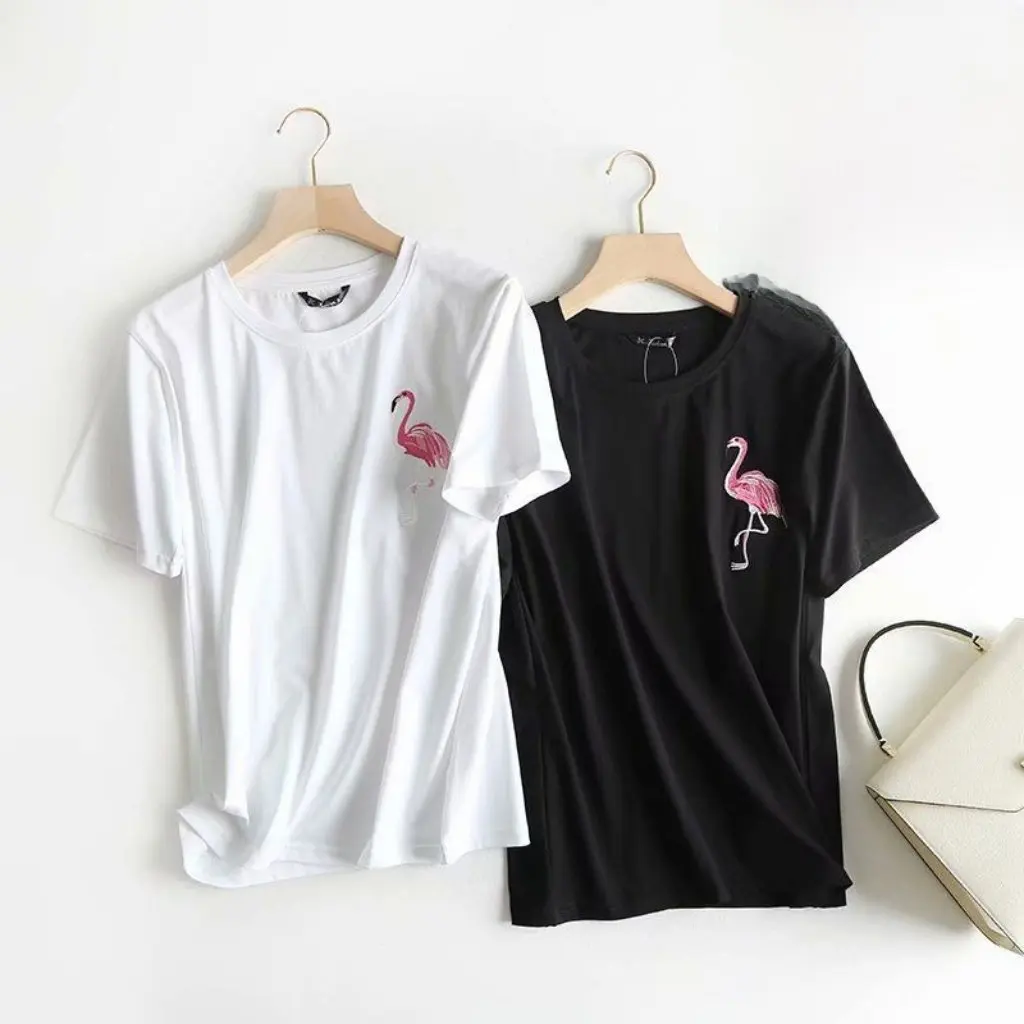 

Women's European And American-style French T-shirt Summer White Short-sleeved Trendy Loose Cotton Top with Flamingo Embroidery