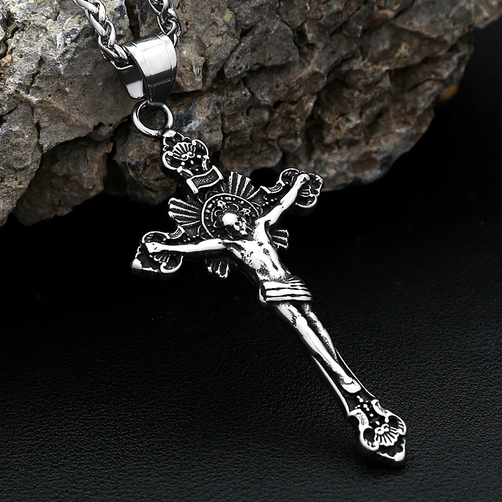 خمر 316L الفولاذ المقاوم للصدأ يسوع الصليب قلادة قلادة للرجال النساء الدين تميمة موضة الهيب هوب مجوهرات هدية ارتداء اليومي