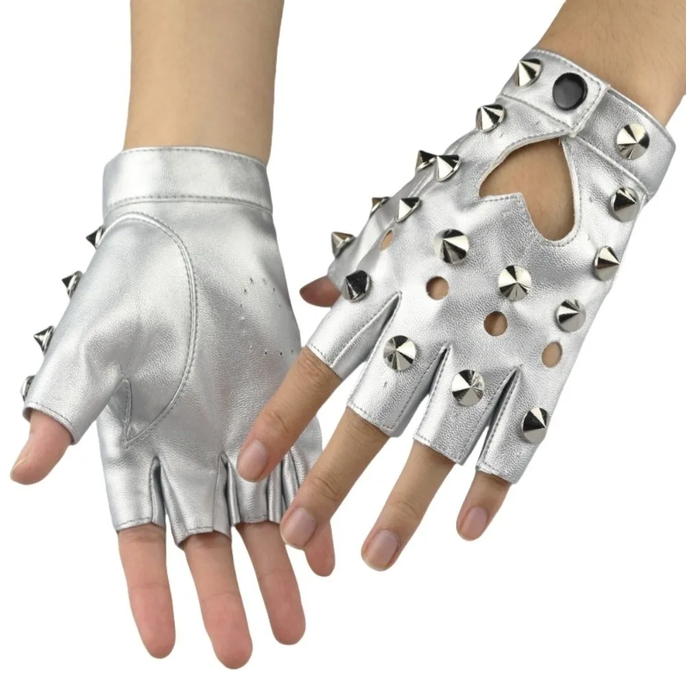 Unisex Fingerless Rivet Gloves PU Leather Leopard Print Half-palm Gloves Y2K Gothic Patent Leather Gloves Disco Dancing