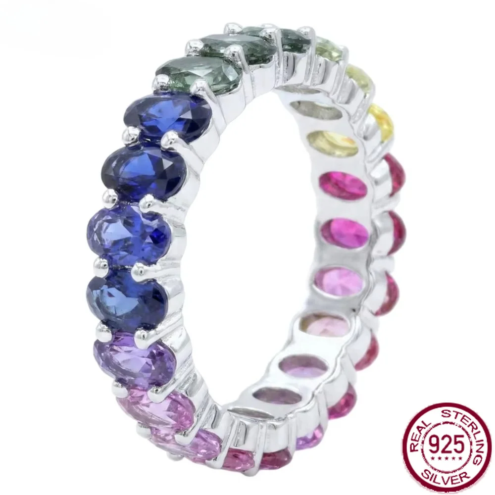 Yaranyan 100% 925 Sterling Silver Oval Cut 3*5 MM Lab Sapphire Gemstone Colorful Row Ring for Women Fine Jewelry Wedding Band