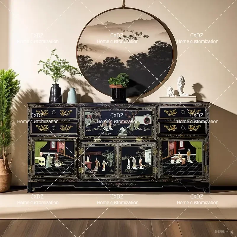 New Chinese Style Bone and Stone Inlay Extended Console Cabinet TV Stand Dining Sideboard Integrated Wall Unit Storage