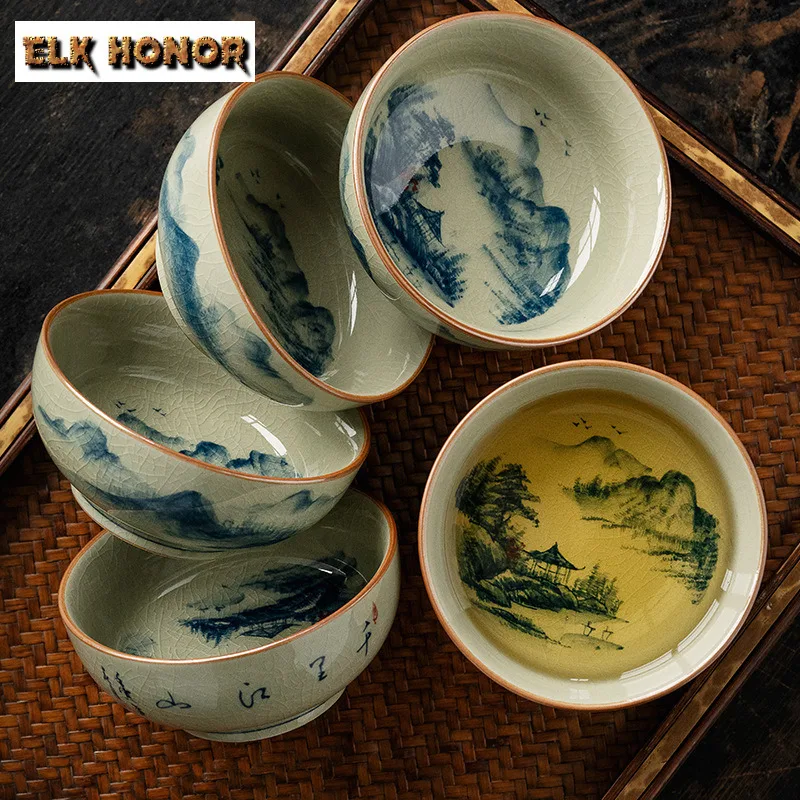 

100ML Jingdezhen Old Pottery Clay Pu'er Cup Hand-painted Blue And White Pressed Hand Cup Wood Kiln Landscape Tea Bowl Chazhan