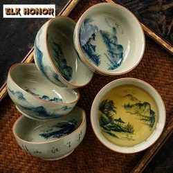 100ML Jingdezhen Old Pottery Clay Pu'er Cup Hand-painted Blue And White Pressed Hand Cup Wood Kiln Landscape Tea Bowl Chazhan