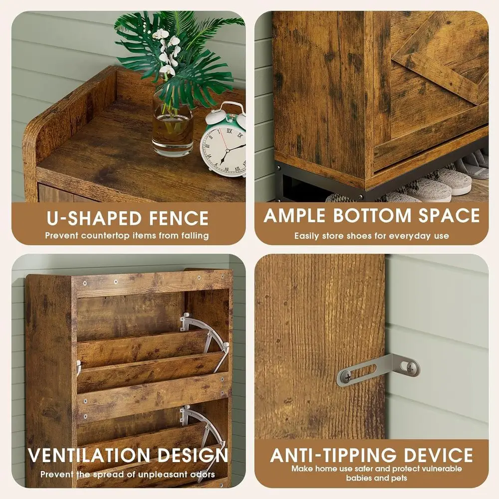 Brown Space-Saving Shoe Storage Cabinet with 2 Doors & Adjustable Shelves, Holds Over 16 Pairs, Ideal for Entryway/Hallway view 5