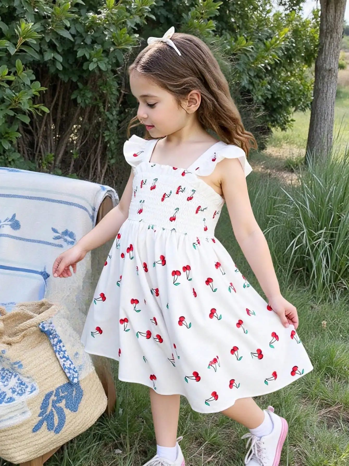 

Женское повседневное мини-платье без рукавов с вишнёвым принтом, присборенной талией и подходящей сумкой через плечо