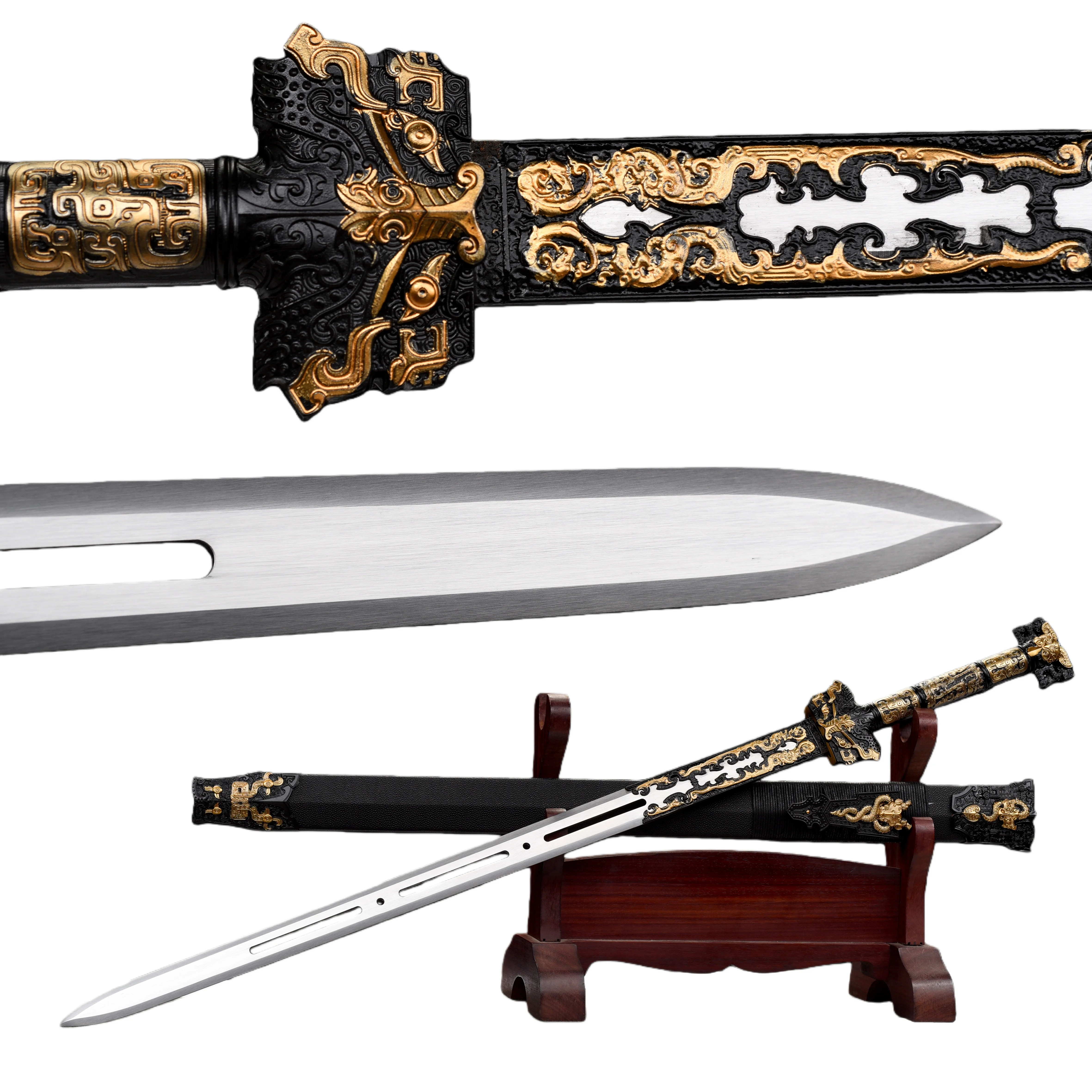 Chinese black Golden Dragon samurai sword, medieval cosplay retro battle preparation, sharp blades, katana ninja battle training