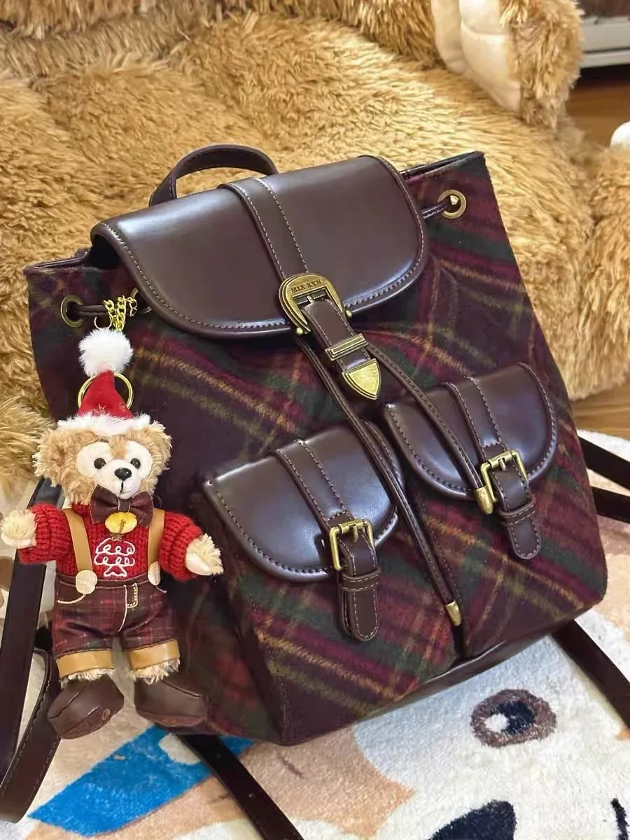 Miss Sudri English style woolen bag with high-end plaid pattern autumn/winter backpack, versatile and large capacity backpack