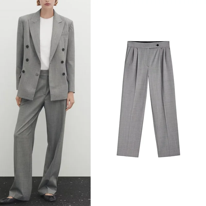 

Faionable Casual Commute Sle Pleated ey Trousers Suit Women's Autumn New Arrival Long Pants Cone ape OL Sle