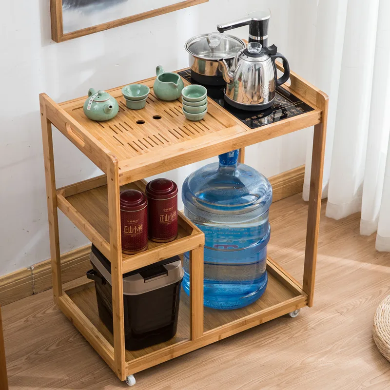 Tea table household small tea table Nanzhu mobile coffee table  cart living room balcony boiling water