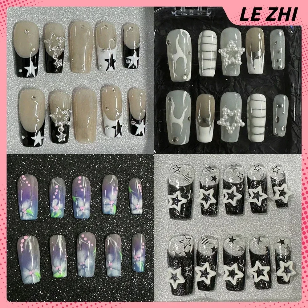 

French Star Flower Simple Long Coffin Quadrate Fake Nails Art Handmade Y2K Hottie Reuses Press On Nail Party Stickers